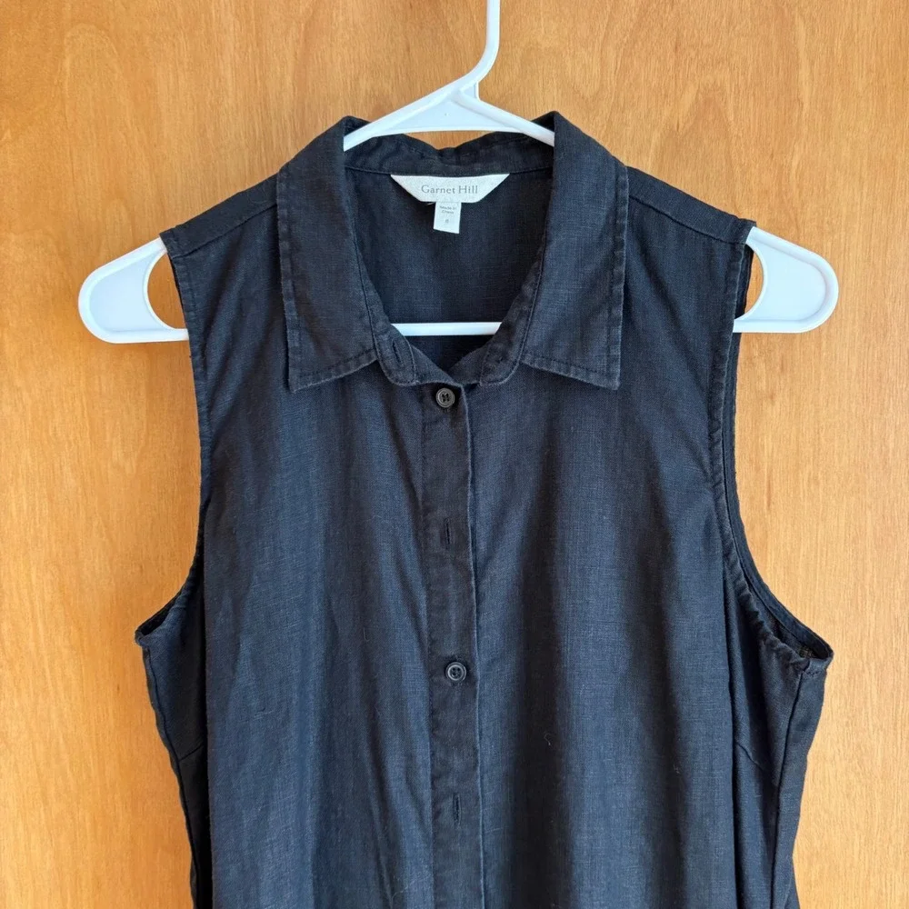 Garnet Hill Shirt Dress 8 Black 100% European Linen Sleeveless Button Down - Picture 3 of 7